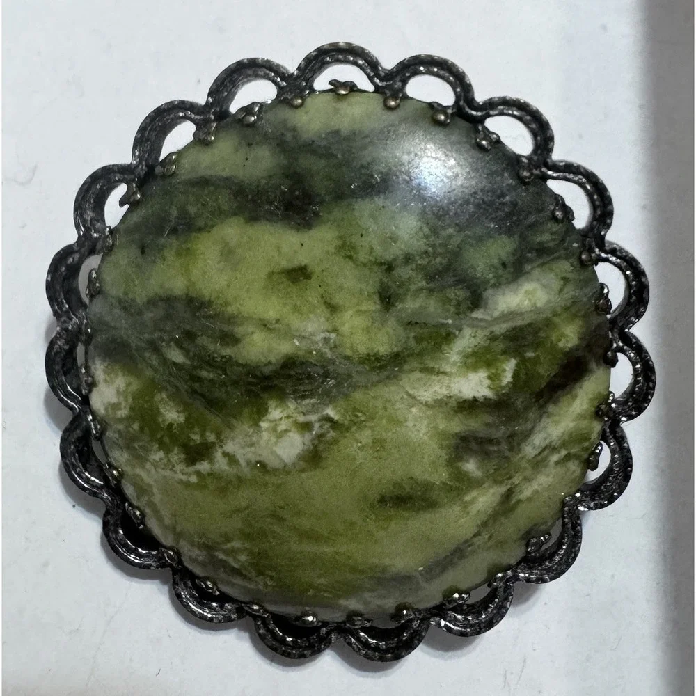 Vintage Green Stone Cabochon Brooch Faux Jade Look Scalloped Setting Mid Century